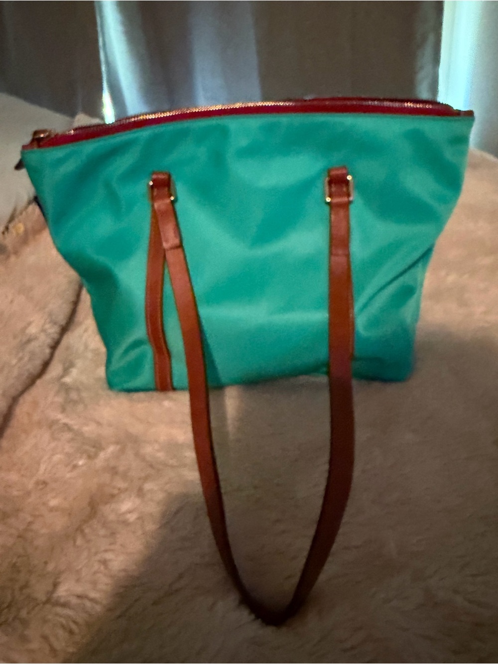 Dooney & Bourke Turquoise Nylon Tote with Brown Leather Trim - Picture 3 of 9
